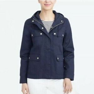 J. Crew Womens Resin-coated Twill Hooded‎ Field Jacket Navy Blue